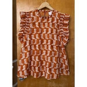 J. MARIE DIXIE RUFFLE SLEEVE TOP All-Over Cowboy Boot Print Rodeo Western Sz L
